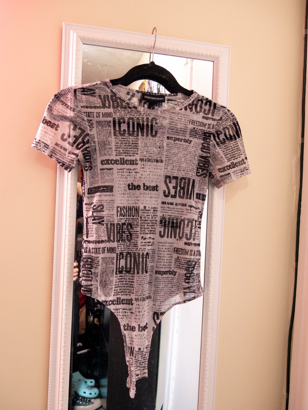 Streetwear Society Newspaper-Print Short Sleeve Bodysuit - Black & White